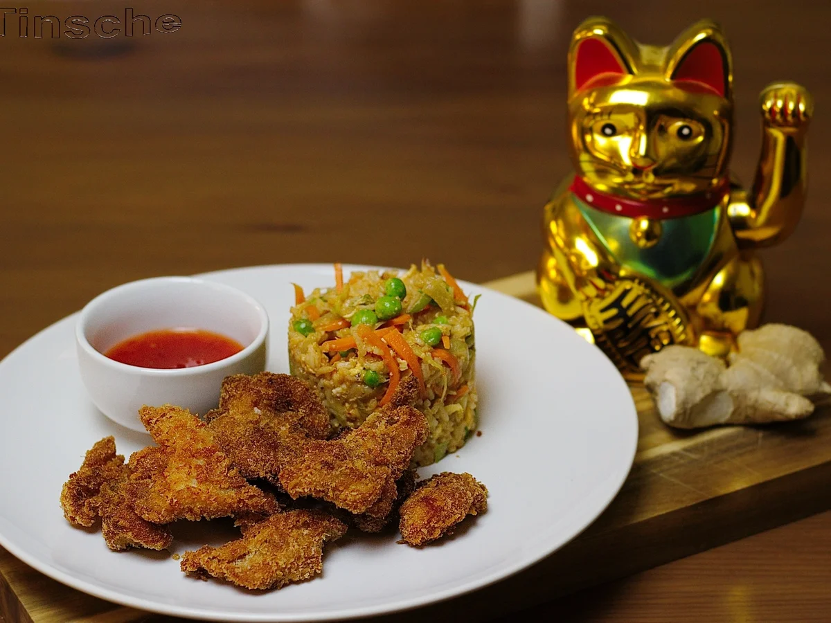 Knusprig, gebackenes Hähnchen mit Bratreis - Rezept - Bild Nr. 3918