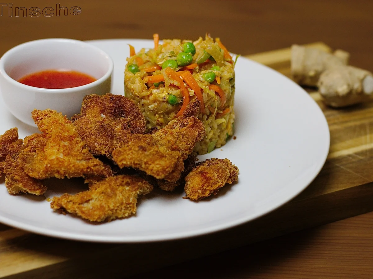 Knusprig, gebackenes Hähnchen mit Bratreis - Rezept - Bild Nr. 3919