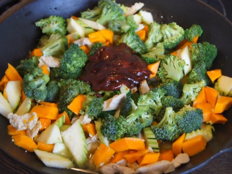 Rezept: Kürbis-Gemüse-Hähnchenbrustfilet-Wok süß-sauer mit Basmatireis Bild Nr. 4422 Kürbis-Gemüse-Hähnchenbrustfilet-Wok süß-sauer mit Basmatireis - Rezept - Bild Nr. 4422