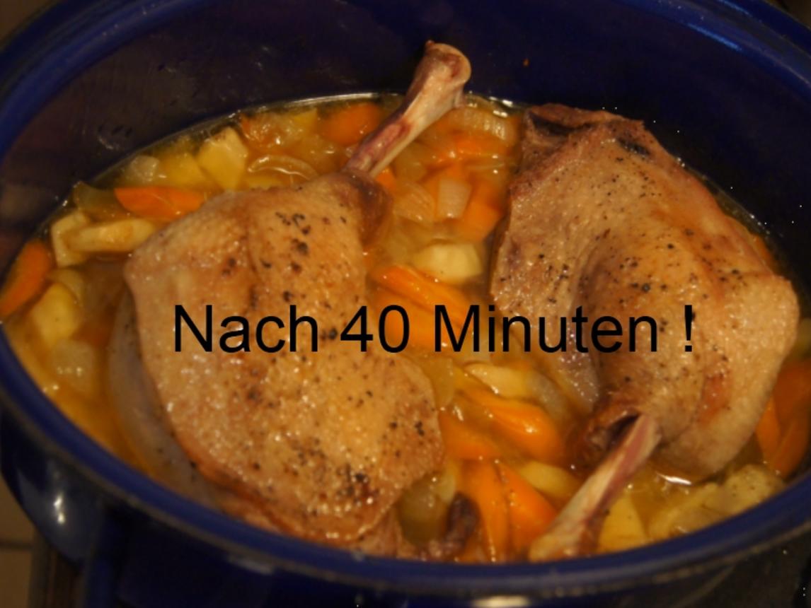 Gänsekeule mit Gemüse Rahm Sauce, Knödel und Ananas Apfel Rotkohl ...