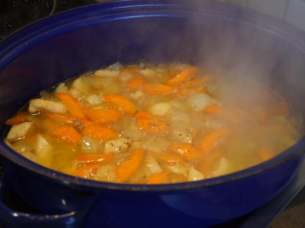 Gänsekeule mit Gemüse Rahm Sauce, Knödel und Ananas Apfel Rotkohl ...