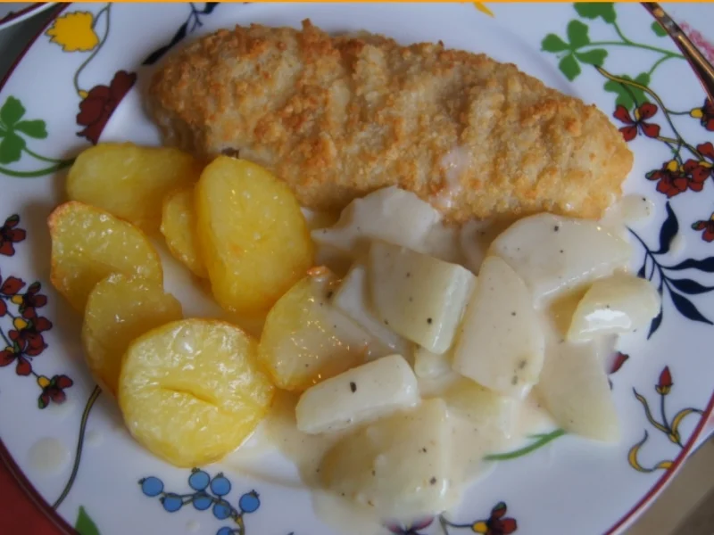 Rezept: Alaska-Seelachs-Filet mit Rahm-Kohlrabi und Ofenkartoffeln Bild Nr. 4515 Alaska-Seelachs-Filet mit Rahm-Kohlrabi und Ofenkartoffeln - Rezept - Bild Nr. 4515