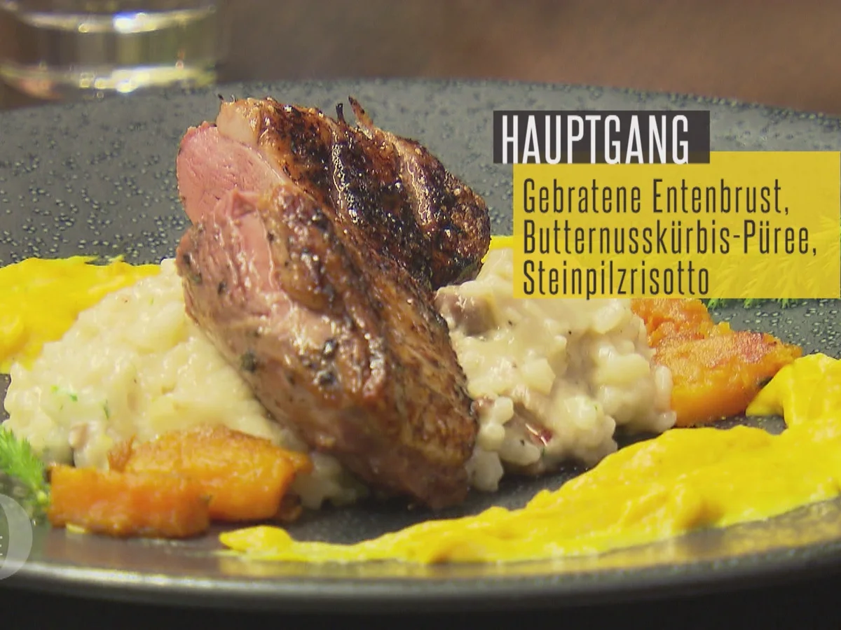 Gebratene Entenbrust mit Thymian-Honig-Lack, Butternusskürbis & Steinpilzrisotto - Rezept - Bild Nr. 4574