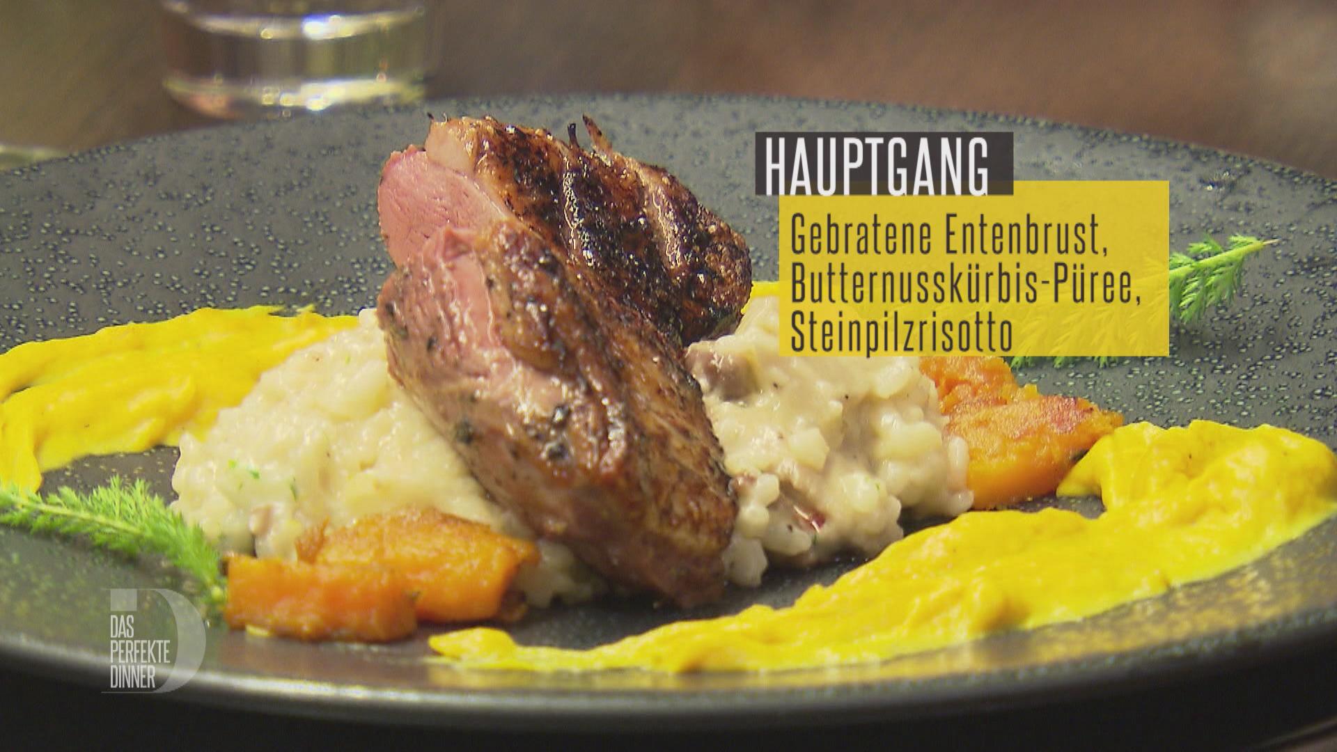 Bilder für Gebratene Entenbrust mit Thymian-Honig-Lack, Butternusskürbis & Steinpilzrisotto - Rezept