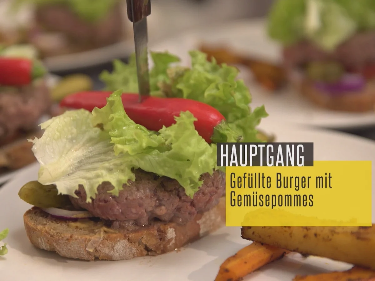 Gefüllter Burger mit dreierlei Gemüsepommes und Guacamole - Rezept - Bild Nr. 2
