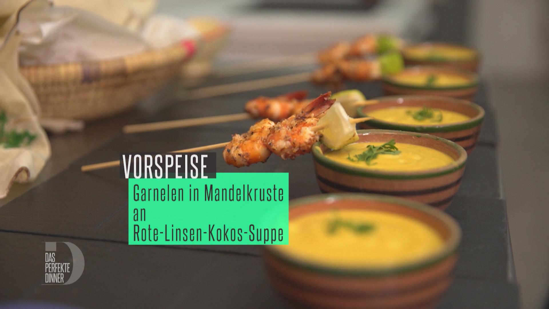 Bilder für Rote Linsen-Kokossuppe mit Gambas in Mandelkruste - Rezept