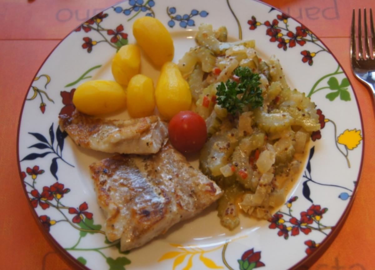 Kabeljaufilet mit Gurkengemüse und Drillingen - Rezept - Bild Nr. 4939