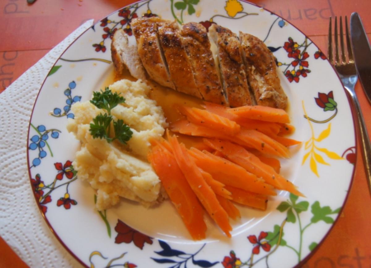 Hähnchenbrustfilet mit pikanten Möhren und Pastinakenpüree - Rezept - Bild Nr. 4970