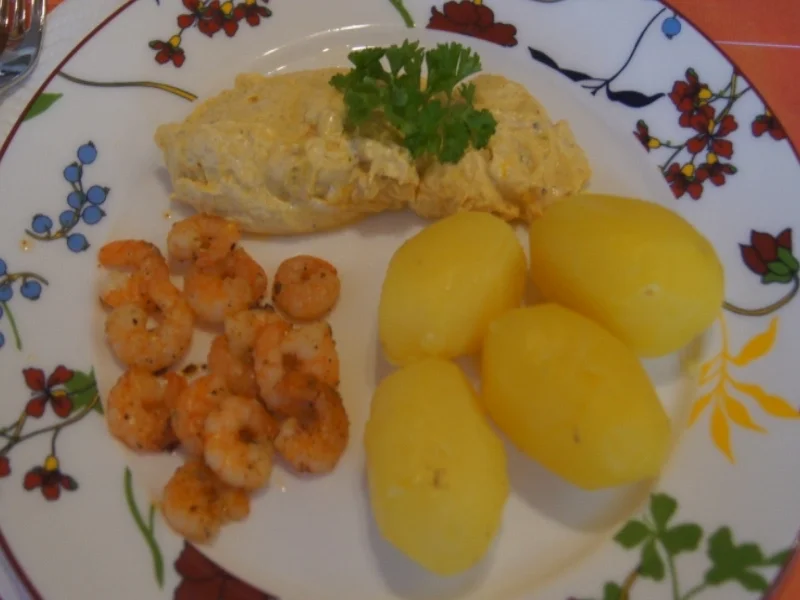 Rezept: Pellkartoffeln mit exotisch gewürzten Quark und Garnelen Bild Nr. 4971 Pellkartoffeln mit exotisch gewürzten Quark und Garnelen - Rezept - Bild Nr. 4971
