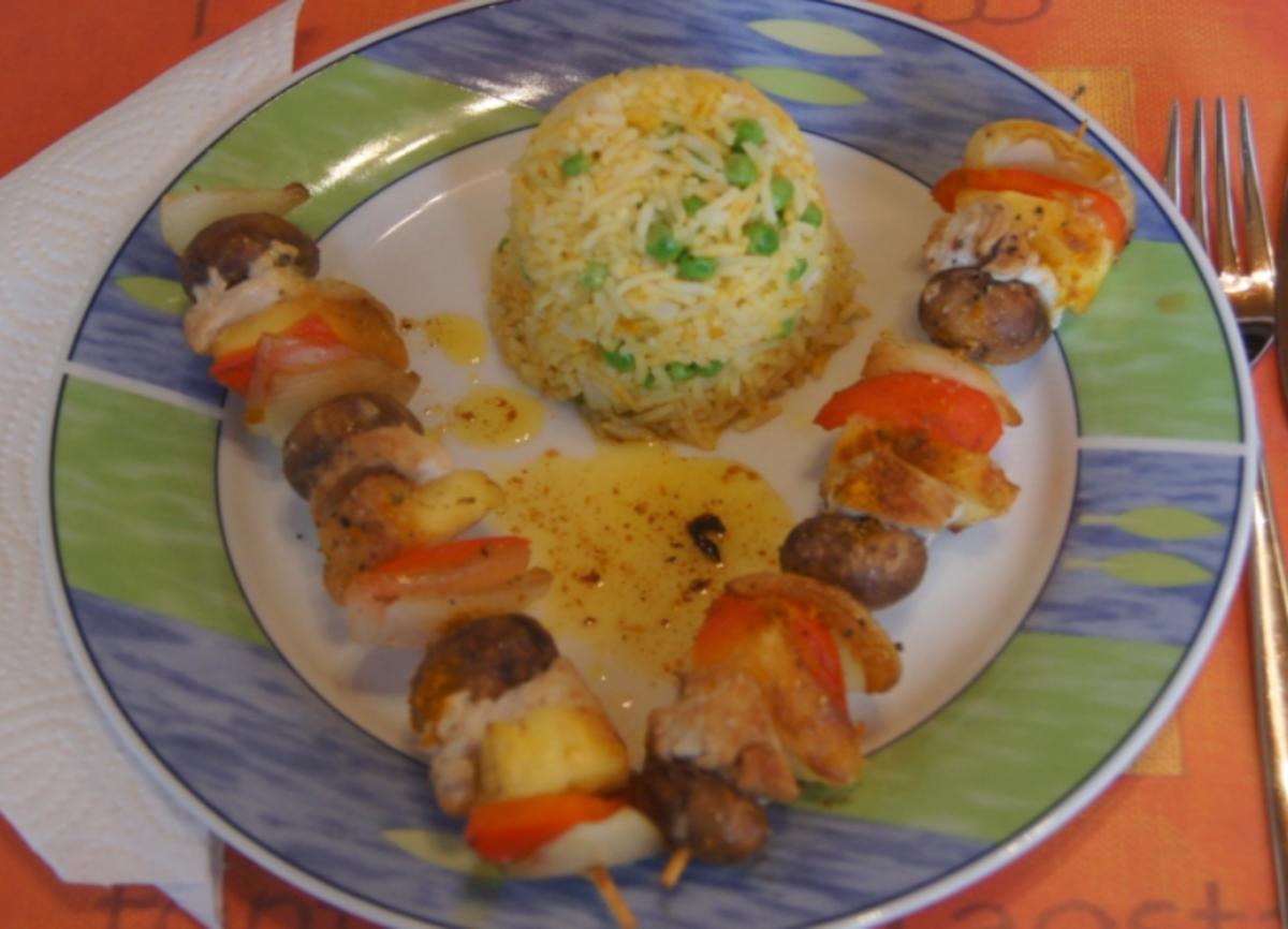 Putenbrust-Gemüse-Spieße mit Curry-Erbsen-Reis - Rezept - Bild Nr. 5000