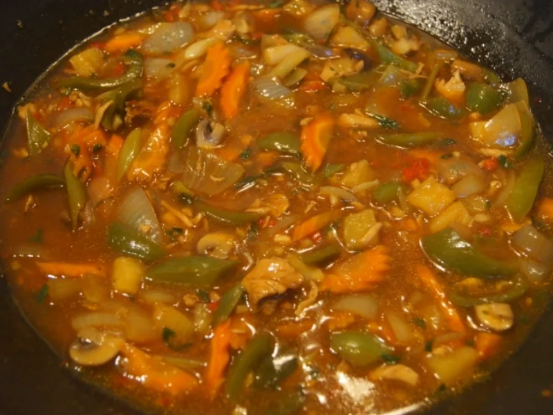 Putenbrust mit Gemüse süß sauer und gelben Gewürzreis - Rezept - Bild Nr. 5017