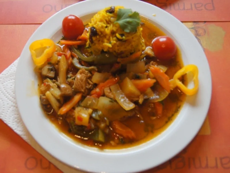 Putenbrust mit Gemüse süß sauer und gelben Gewürzreis - Rezept - Bild Nr. 5021