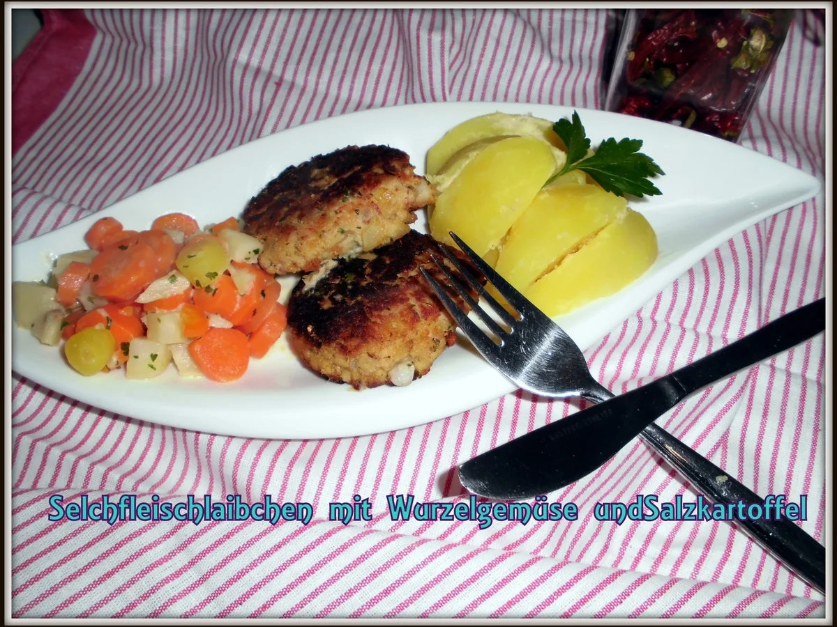 Rezept: Selchfleisch-Laibchen mit Wurzelgemüse und Salzkartoffel Bild Nr. 5153 Selchfleisch-Laibchen mit Wurzelgemüse und Salzkartoffel - Rezept - Bild Nr. 5153