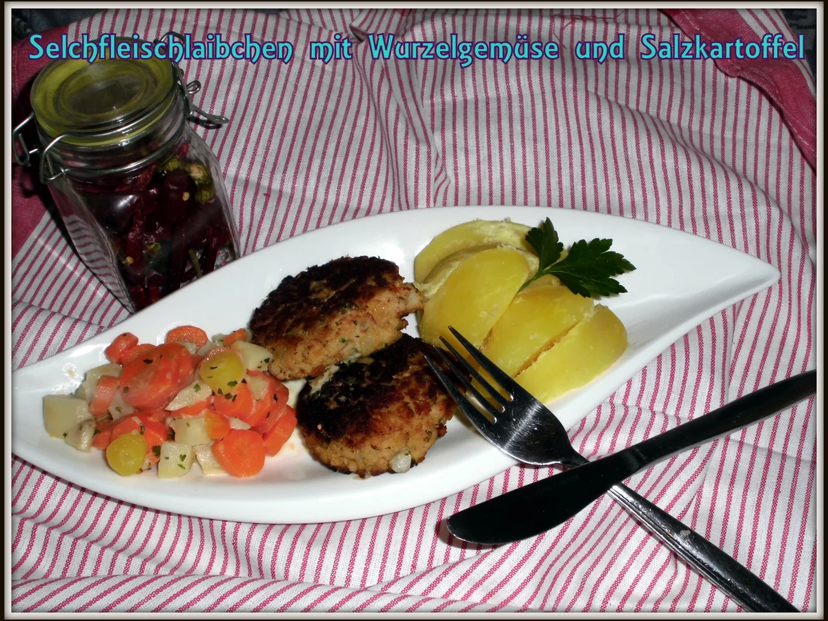 Rezept: Selchfleisch-Laibchen mit Wurzelgemüse und Salzkartoffel Bild Nr. 5154 Selchfleisch-Laibchen mit Wurzelgemüse und Salzkartoffel - Rezept - Bild Nr. 5154