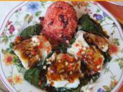 Gedämpftes Kabeljaufilet auf Spinatbett mit Sauce und roten Basmatireis - Rezept - Bild Nr. 5153