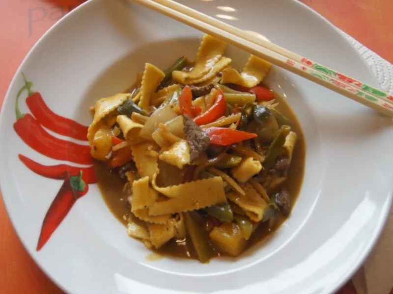 Rindfleisch mit Gemüse und Bandnudeln im Wok - Rezept - Bild Nr. 5230