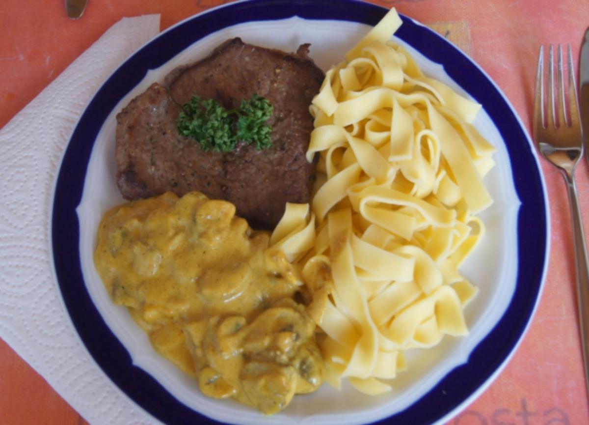 Kalbsschnitzel mit Champignon-Curry-Rahm-Sauce und Bandnudeln - Rezept - Bild Nr. 5359
