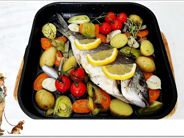 Gebackene Dorade aus dem Ofen, im Gemüsebett - Rezept - Bild Nr. 5363