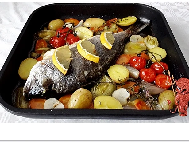 Gebackene Dorade aus dem Ofen, im Gemüsebett - Rezept - Bild Nr. 5364