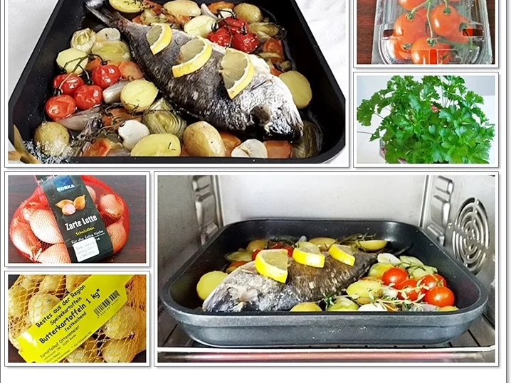 Gebackene Dorade aus dem Ofen, im Gemüsebett - Rezept - Bild Nr. 5365