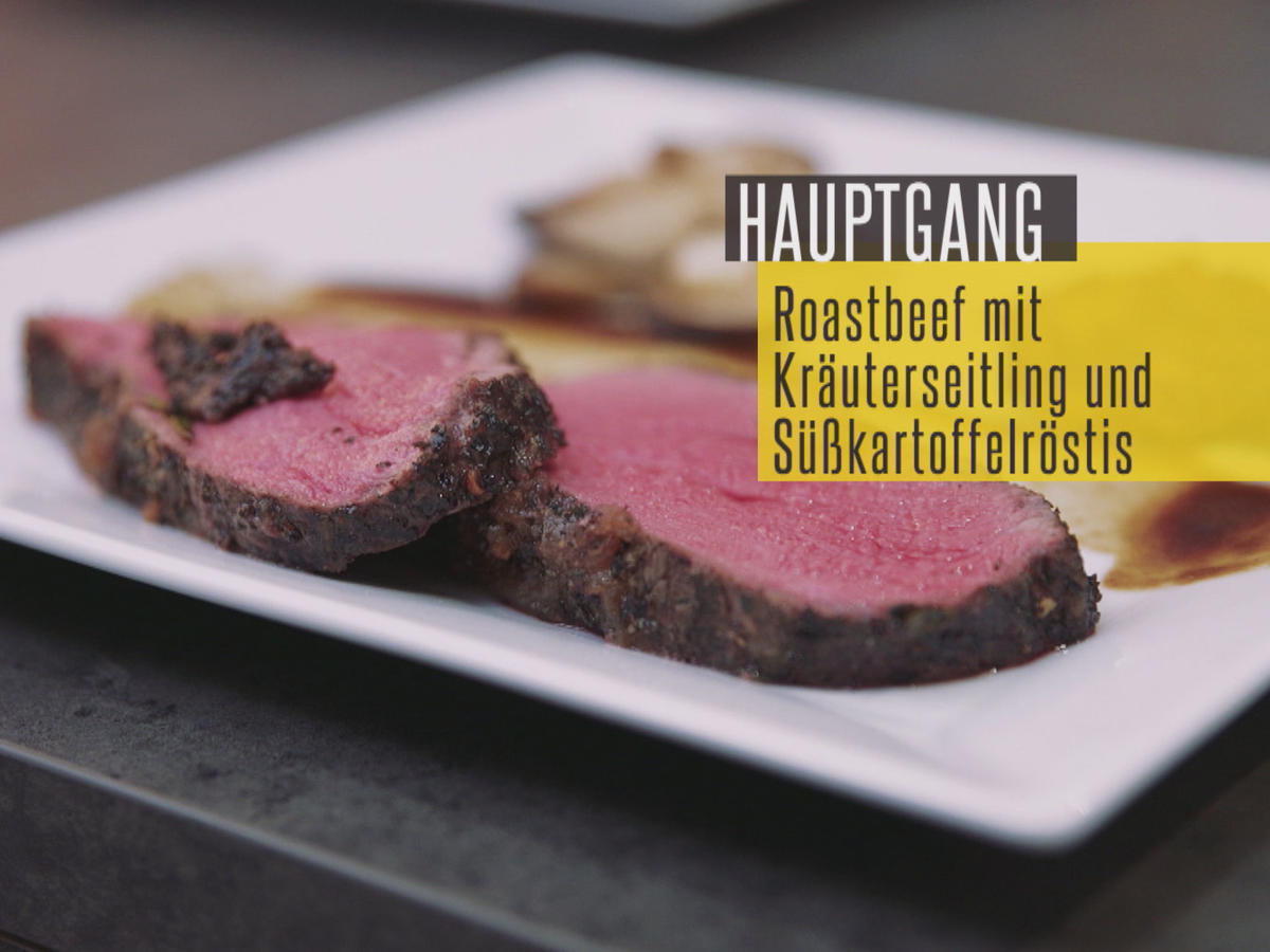 Roastbeef mit Steinpilz-Soße, dazu Kräuterseitlinge und Süßkartoffelrösti - Rezept - Bild Nr. 5578