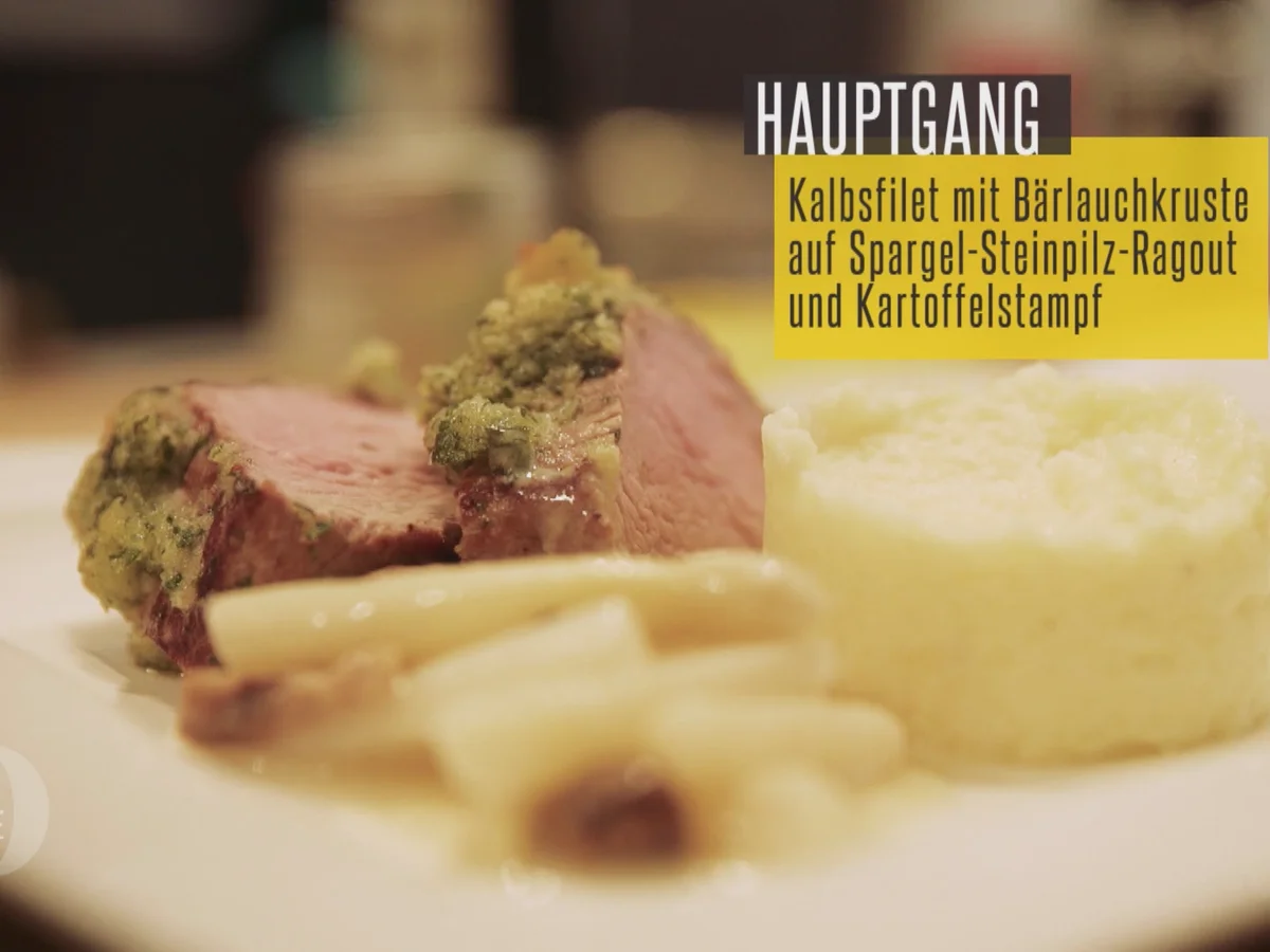 Kalbsfilet mit Bärlauchkruste auf Spargel-Steinpilz-Ragout und Kartoffelstampf - Rezept - Bild Nr. 2