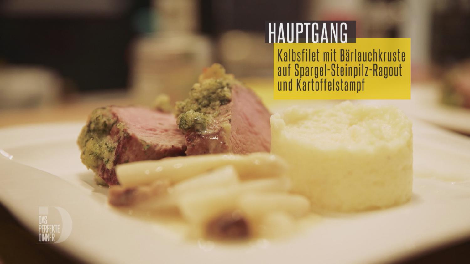 Kalbsfilet mit Bärlauchkruste auf Spargel-Steinpilz-Ragout und ...