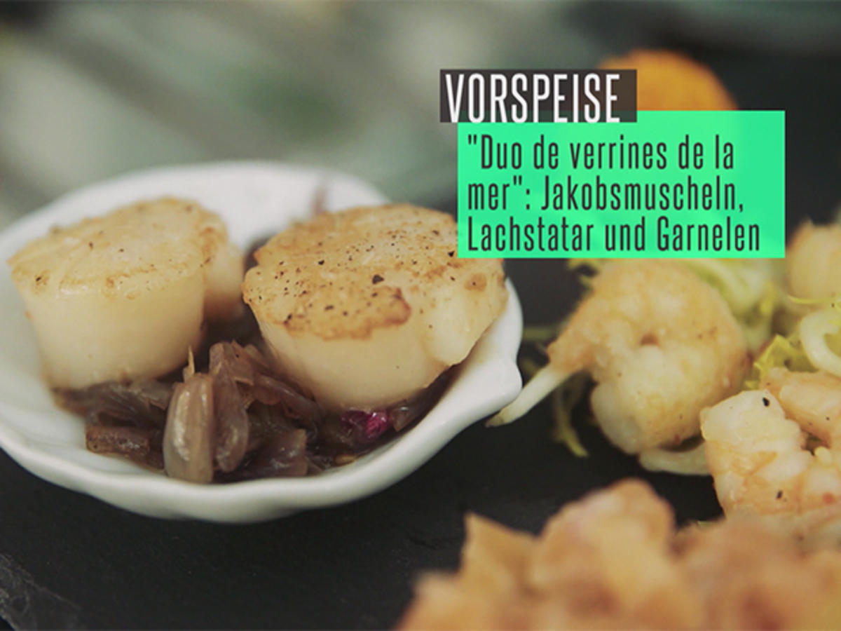 Bilder für Assiette de la mer: Lachstartar – Gebratene Garnelen – Jakobsmuscheln - Rezept