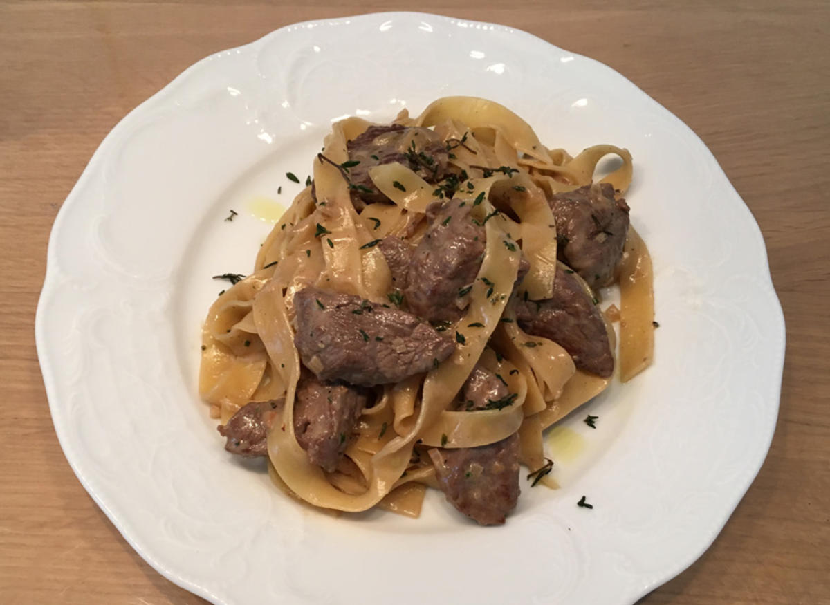 Bilder für Fettuccine mit getrockneten Steinpilzen und Rinderfiletstreifen - Rezept