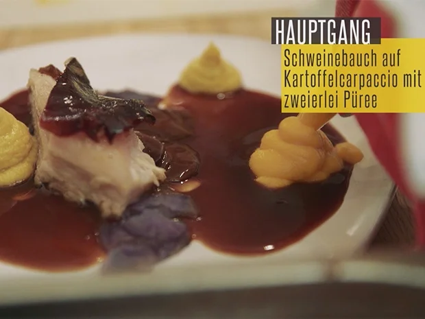 Sous vide gegarter krosser Schweinebauch auf Kartoffelcarpaccio mit zweierlei Püree - Rezept - Bild Nr. 2