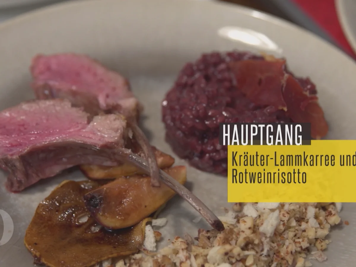Rezept: Kräuter-Lammkarree und Rotweinrisotto mit Balsamicobirnen und Pilz-Knusper Bild Nr. 5756 Kräuter-Lammkarree und Rotweinrisotto mit Balsamicobirnen und Pilz-Knusper - Rezept - Bild Nr. 5756