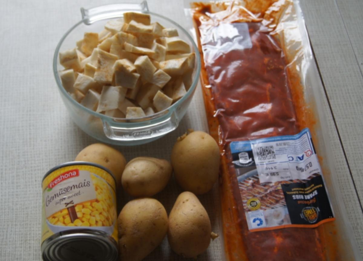 Spare Ribs mit Gemüsemais und Sellerie-Kartoffelstampf - Rezept - Bild Nr. 5779