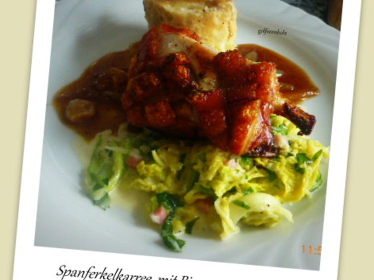 Spanferkelkarree mit Biersauce, Laugenbrezelknödel und Rahmwirsing ...