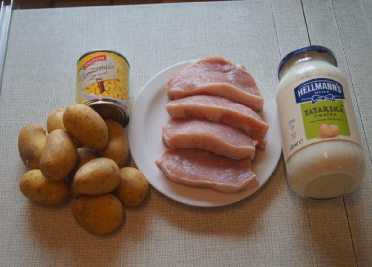 Schweinerückenschnitzel mit Buttermais und gelben Kümmel-Kartoffeln - Rezept - Bild Nr. 6048