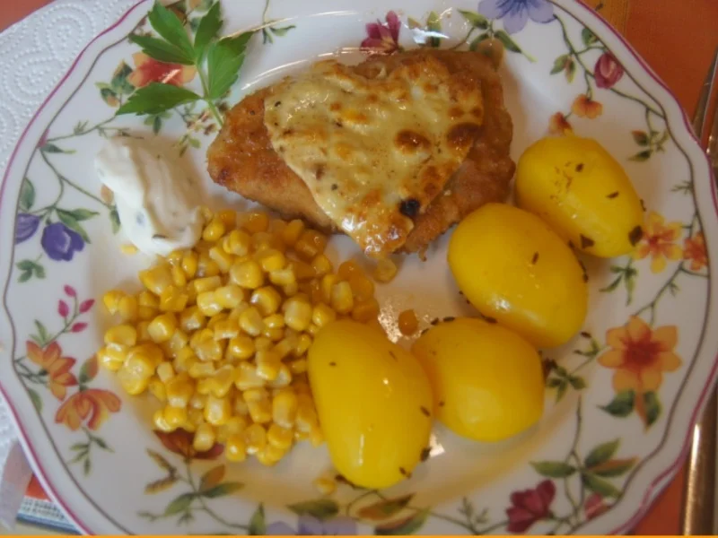 Schweinerückenschnitzel mit Buttermais und gelben Kümmel-Kartoffeln - Rezept - Bild Nr. 6058