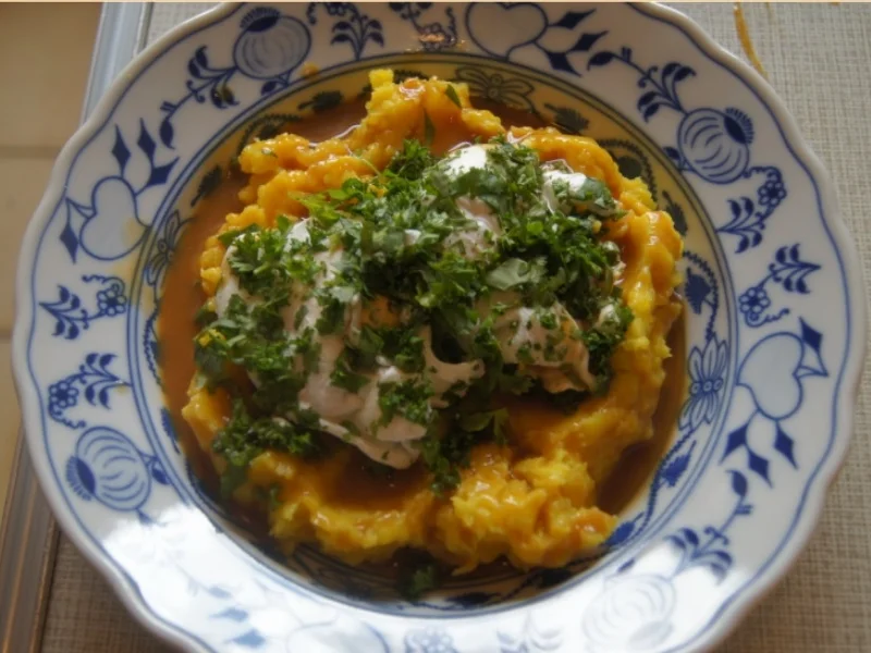 Pochierte Eier mit Kräutern, gelben Kartoffelstampf und Sauce - Rezept - Bild Nr. 6083