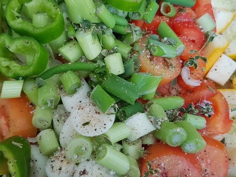 Pizza Brotteig deftig gefüllt mit Gemüse dazu FETA Stick`s - Rezept - Bild Nr. 6088