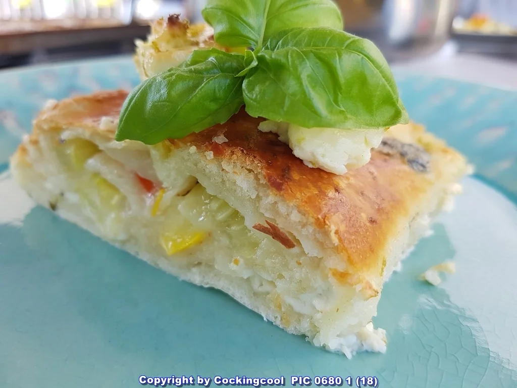 Pizza Brotteig deftig gefüllt mit Gemüse dazu FETA Stick`s - Rezept - Bild Nr. 6097