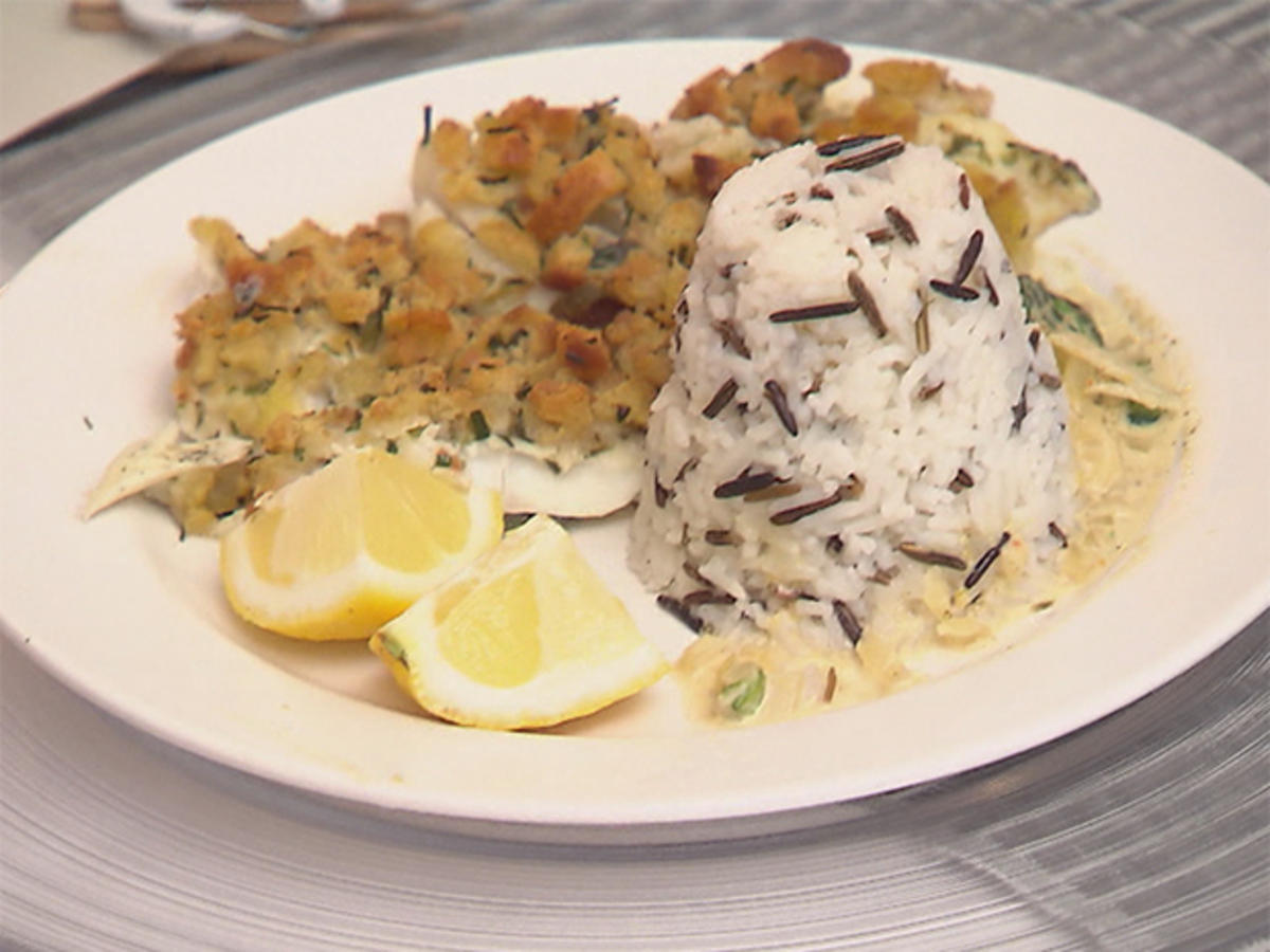 Dorschfilet mit Brotkruste trifft Basmati und Wildreis neben
Spinat-Sahne-Soße - Rezept Von Einsendungen Das perfekte Dinner