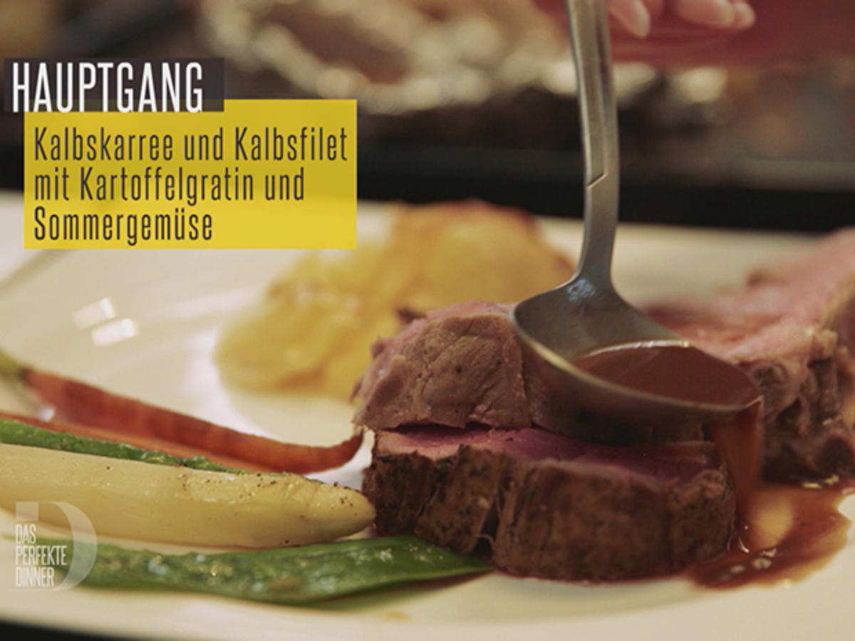 Kalbskarree und Kalbsfilet mit Kartoffelgratin und Sommergemüse ...