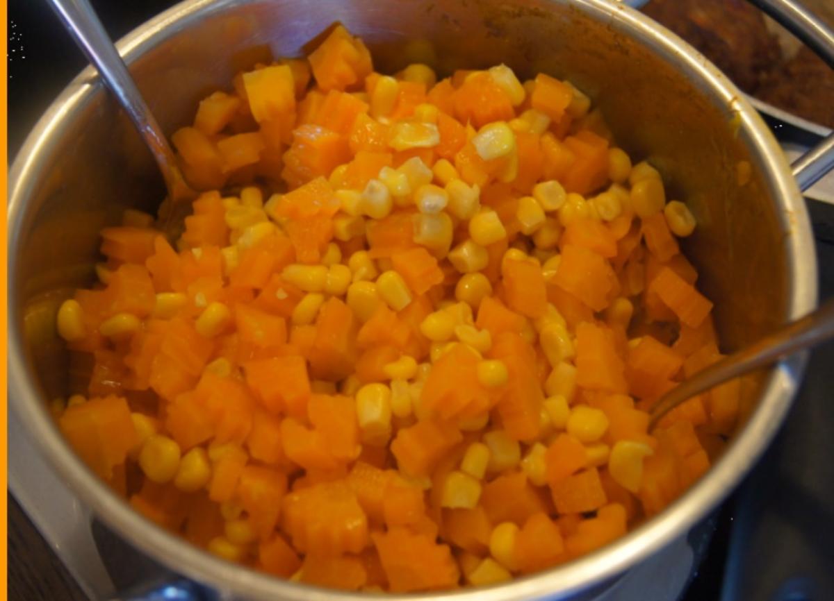 Herzhafte Buletten mit pikanter Sauce, Möhren-Mais-Gemüse und Kurkuma-Kartoffeln - Rezept - Bild Nr. 6240