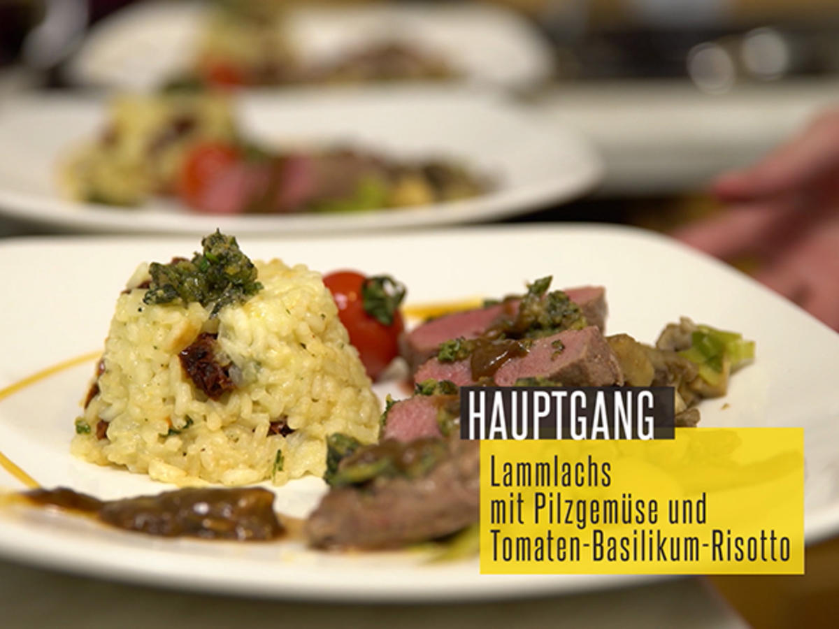 Lammlachse mit Kräuterkruste, Pilzgemüse und Tomaten-Basilikum-Risotto
- Rezept Eingereicht von Das perfekte Dinner