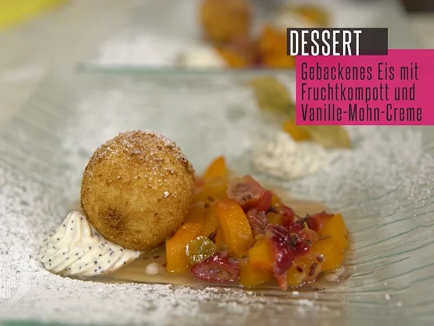 Gebackenes Walnusseis mit Stachelbeer-Aprikosen-Kompott und Vanille-Mohn-Creme - Rezept - Bild Nr. 2