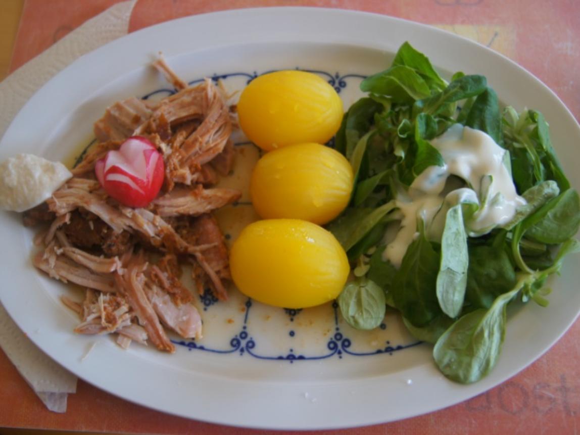 Pulled Pork mit gelben Kartoffeln und Feldsalat Rezept kochbar.de