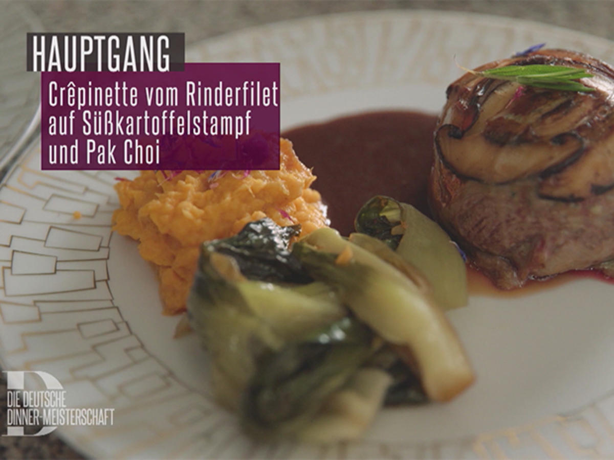 Bilder für Crêpinette vom Rinderfilet mit Rotweinsoße auf Süßkartoffelstampf und Pak Choi Gemüse - Rezept