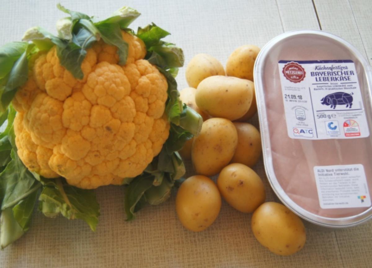 Bayrischer Leberkäse mit orangen Blumenkohl und Kartoffelstampf - Rezept - Bild Nr. 6273
