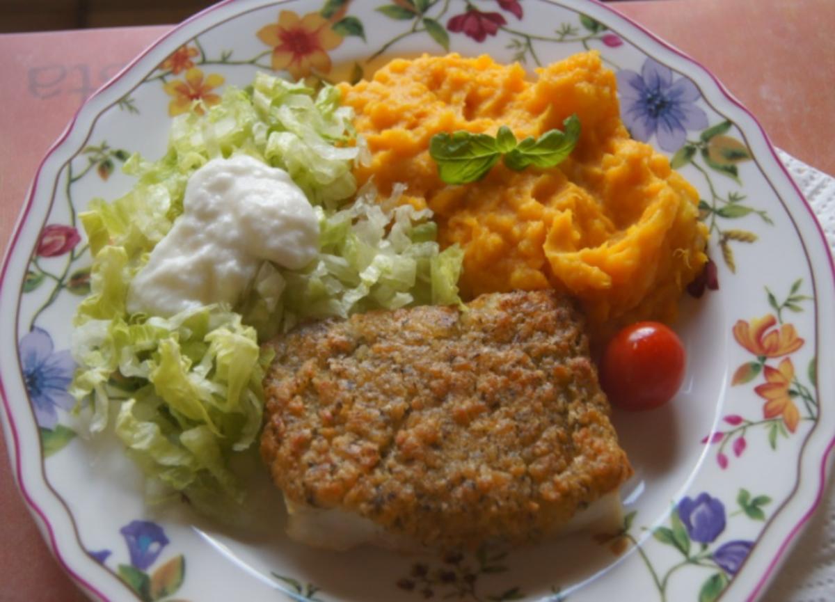 Bilder für Schlemmerfilet mit Süßkartoffelstampf und Eisbergsalat - Rezept