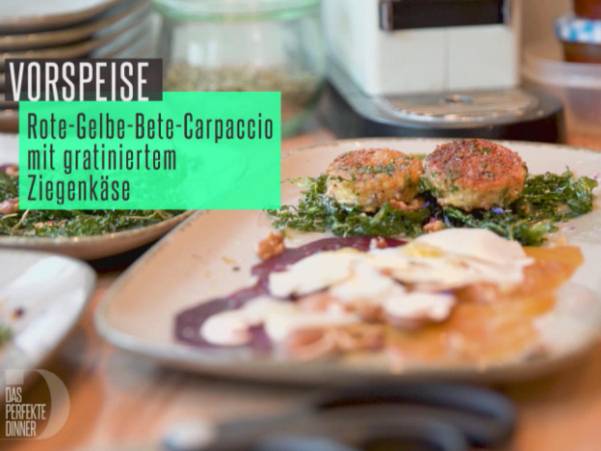 Rote-/Gelbe-Bete-Carpaccio mit frittiertem Rucola und gebackenen Ziegenkäsetalern - Rezept