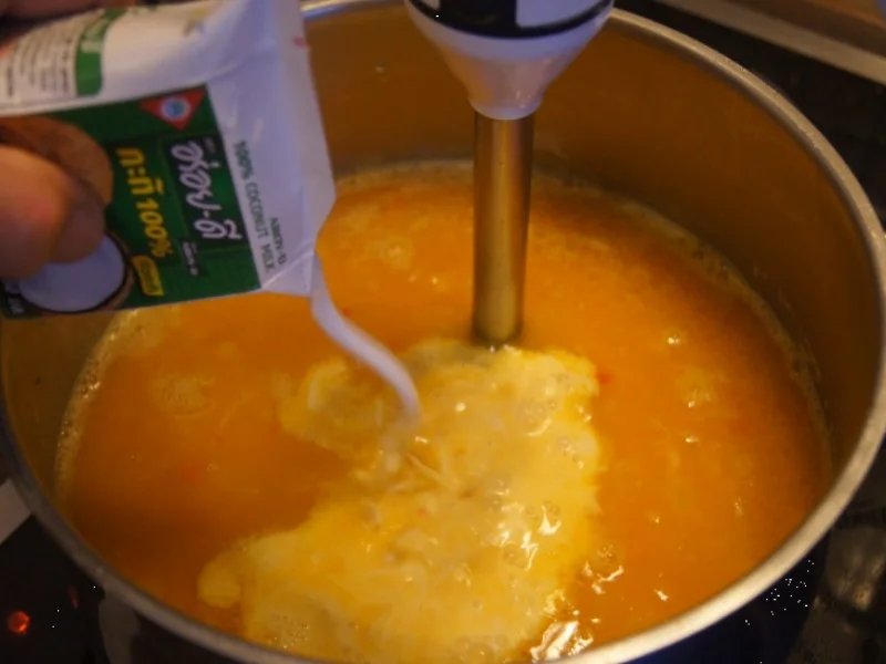 Kürbiscremesuppe mit Kokosmilch und Hähnchenfleischeinlage - Rezept - Bild Nr. 6660