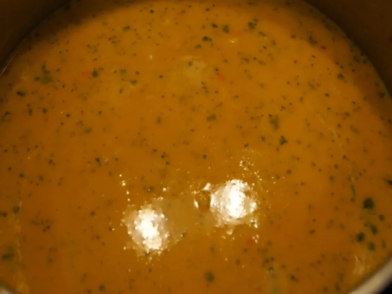 Kürbiscremesuppe mit Kokosmilch und Hähnchenfleischeinlage - Rezept - Bild Nr. 6663